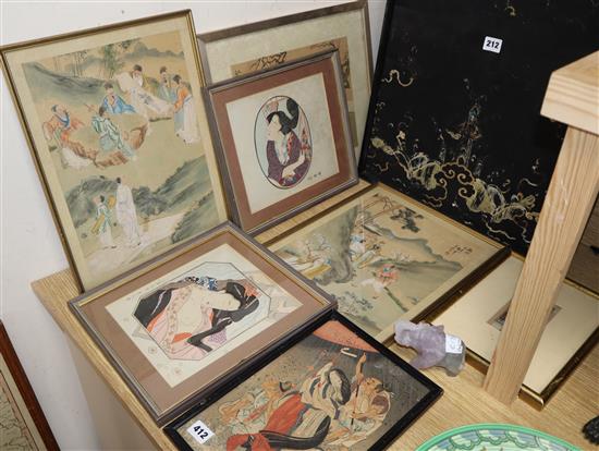Six Japanese woodblock prints and and a Persian gouache painting, largest 36 x 26cm and a Chinese hardstone elephant